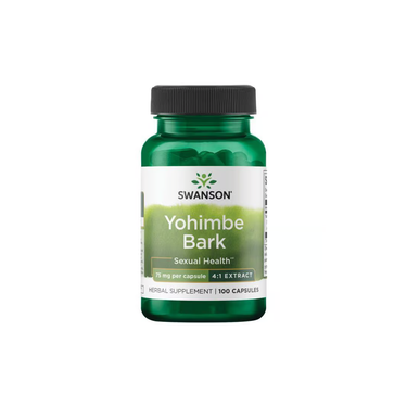 Swanson's Yohimbe Bark, an herbal supplement in a green bottle, offers 100 capsules at 75 mg each to support libido and enhance sexual health.